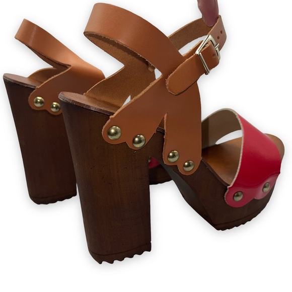 NEW Primadonna Collection Red/Brown Leather Wooden Clog Platforms Women Size 40 - Picture 4 of 9